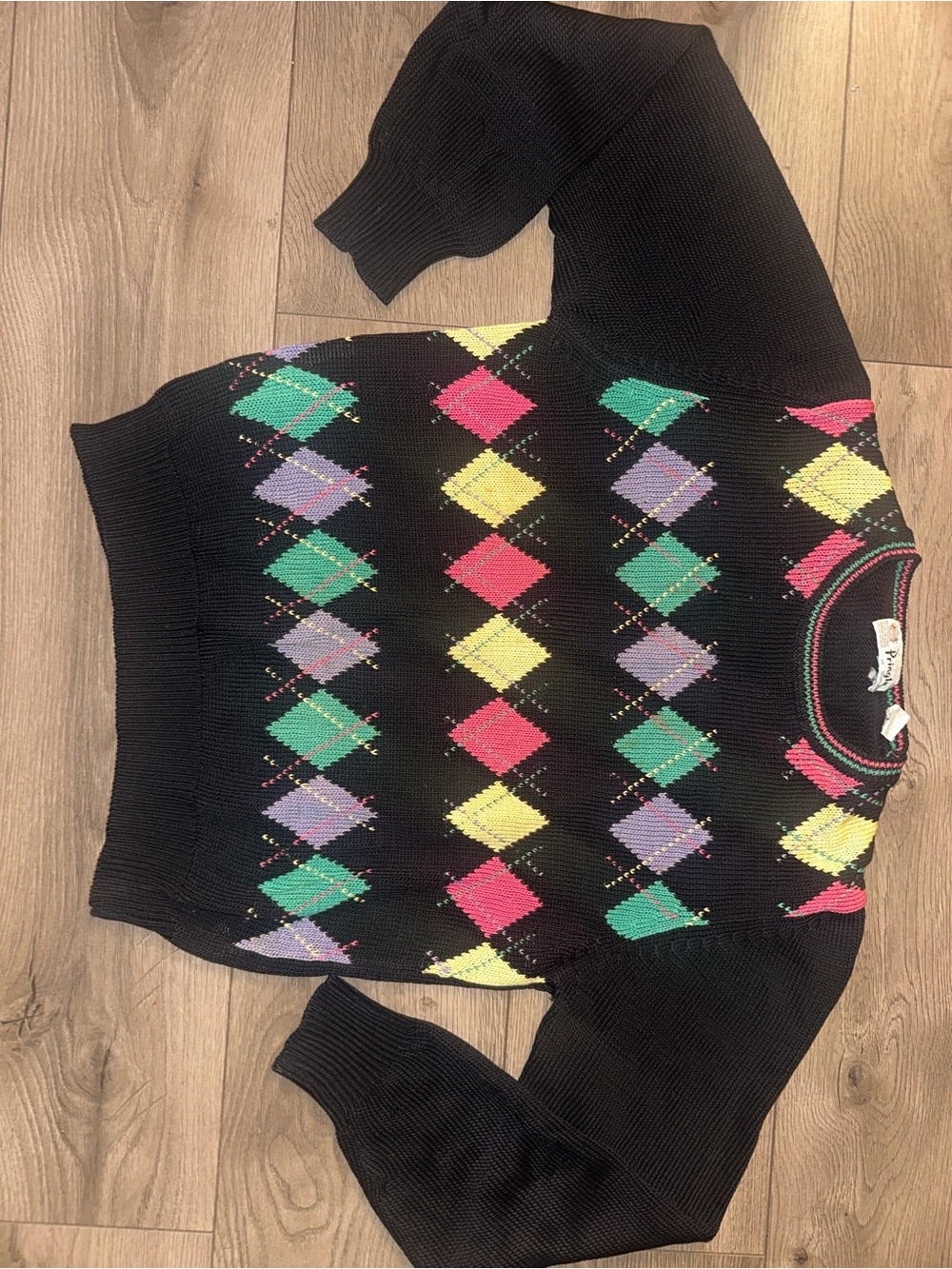 Pringle Black Argyle Crewneck Sweater with Pink, Green, Yellow & Lavender